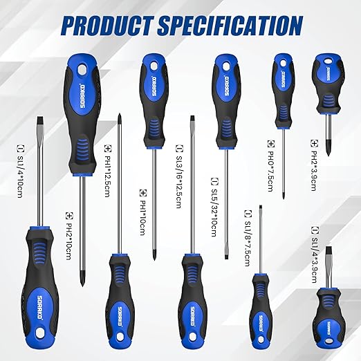 SORAKO 11-Piece Magnetic Screwdriver Set, 5 Phillips and 5 Slotted Tips, Include Magnetizer, Screwdriver with Professional Non-Slip Grip, for Home Repair and DIY Projects,With Case