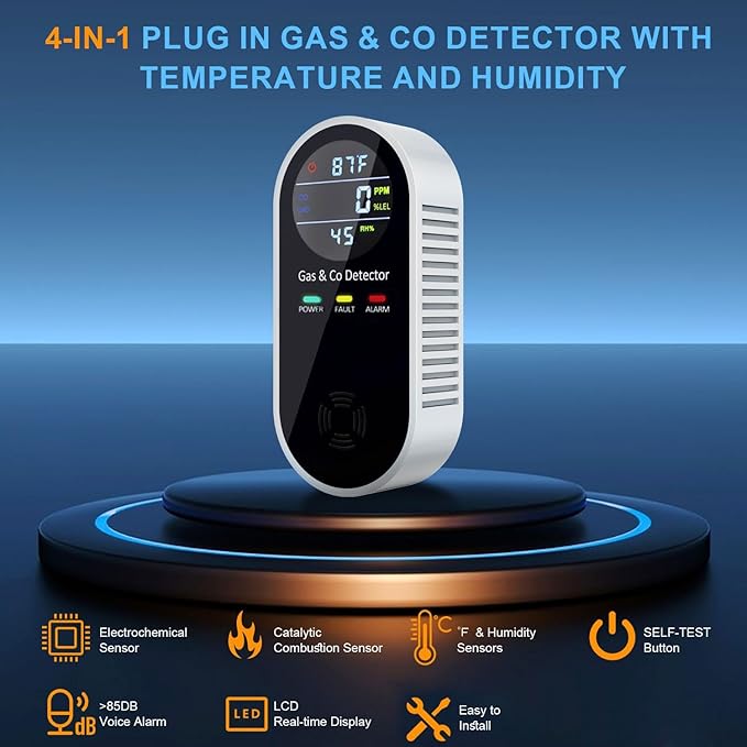 Plug in Combination Gas & Carbon Monoxide Detectors with Temperature and Humidity Display- Natural Gas Detectors & Carbon Monoxide Alarm for Home, Kitchen (2 Packs)
