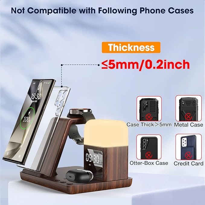 Wireless Charger for Samsung/Android, 6 in 1 Phone Nightstand Charging Station Charge with Alarm Clock/Light for Samsung S25/S24/S23 Ultra/Buds3 Pro,Watch Charger for Galaxy Watch 8/7/6/5-Woodgrain