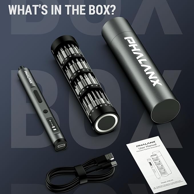 PHALANX Mini 3.7V Electric Screwdriver - Precision Screwdriver Set with 60-in-1 Magnetic Bits, Magnetic Rotatable Rack, 5/32''Hex, Electric Screw Driver Cordless for Phone, Camera, Laptop, Watch