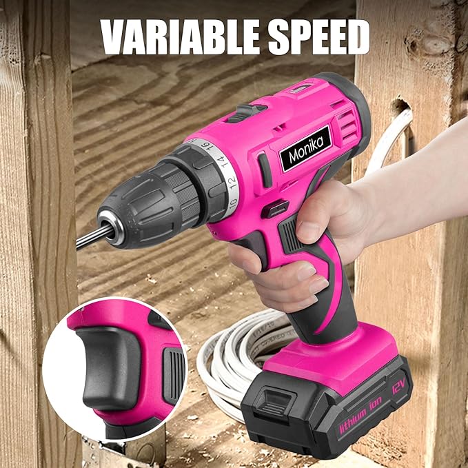 Monika 12V Pink Lithium Cordless Drill Bit Set Kits Screw Bits Sockets 18+1 Torque Setting, LED Light, Electric Power Drill Driver for Home, Office DIY and Wall Drilling, Wood, Metal W/Battery