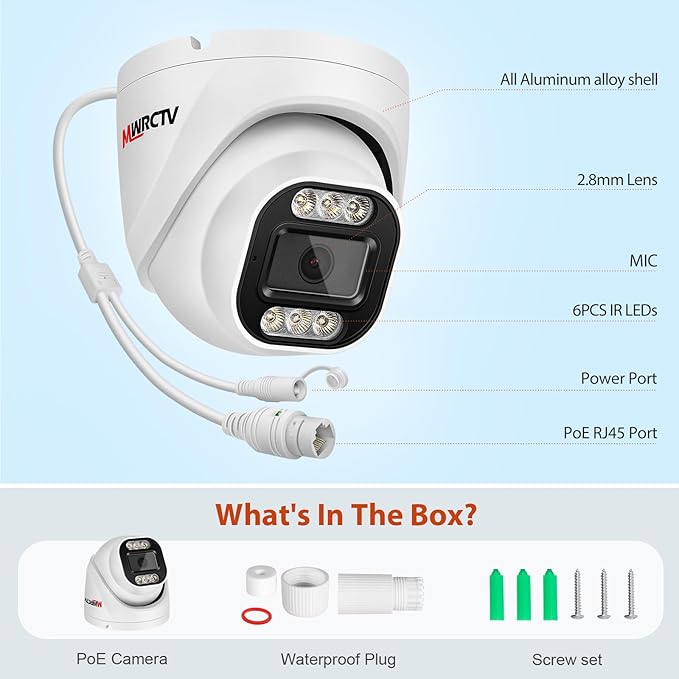 4K Security Audio Dome Camera 8MP (2160P) Smart Dual Light PoE Turret AI Human Detection 2.8mm 106° Wide Angle Lens Color Night Vision Built-in Mic IP67 Waterproof Compatible with NVR