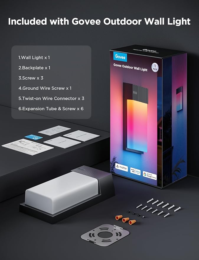 Govee Outdoor Wall Light, 1500LM Smart RGBIC Porch Lights Outdoor with 45 Scene Modes, IP65 Waterproof for Outdoor Decor, DIY Lighting Effects, Works with Alexa, Google Assistant and Matter, 1 Pack