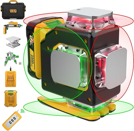 Laser Level,DEGLASERS Red/Green 4x360° Cross Line laser level with 12V Rechargeable Battery, Remote Controller, Magnetic Rotating Stand for Construction and Picture Hanging