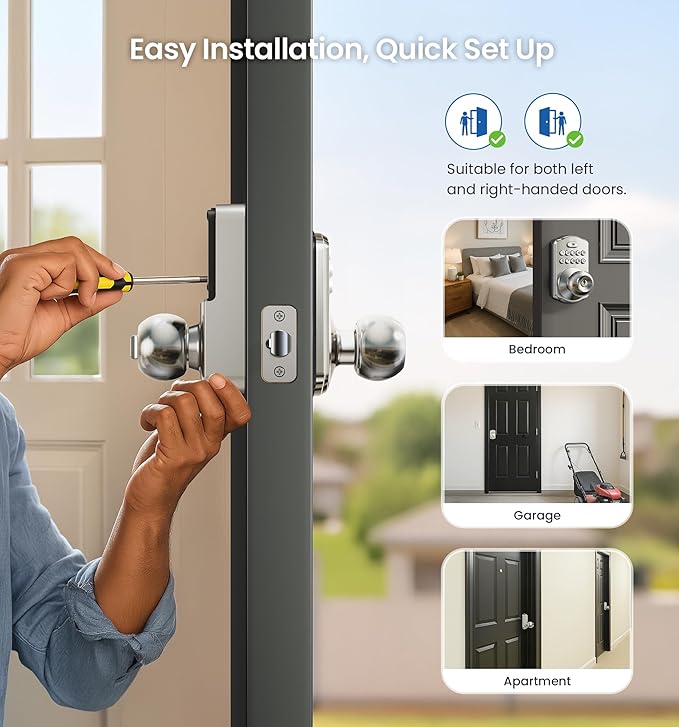 Veise Keypad Door Knob Lock, Keyless Entry Digital Lock with Handle, Electronic Knob for Front Door & Bedroom, Easy Installation, Auto-Locking, Passage Mode, Satin Nickel