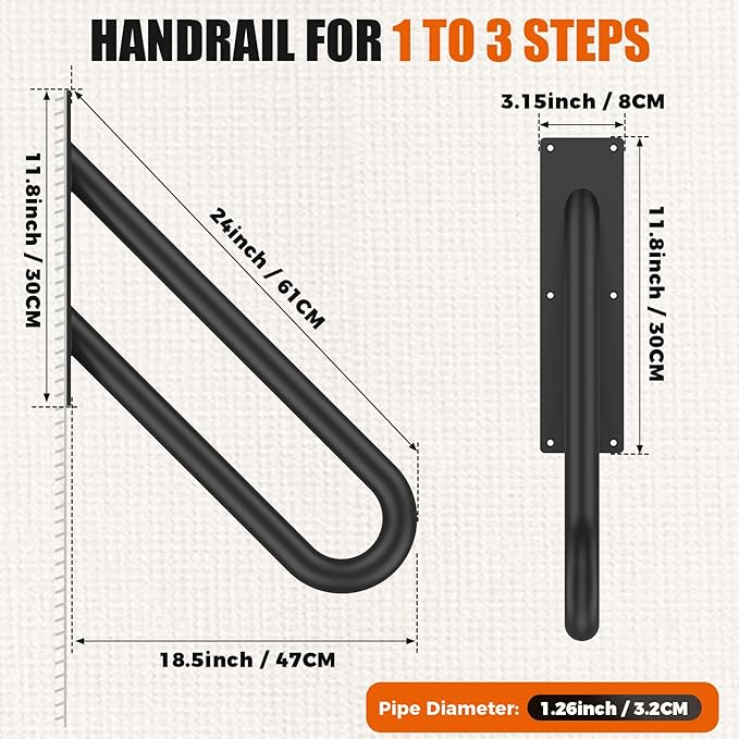 GORWARE Handrails for Outdoor Steps,24" U-Shaped Handrail Wall Mount with Matte Black Finished,1-3 Steps Railings,Safety Grab Bar for Outdoor Indoor Stairs, Garage, Porch, Toilet, Yard and Garden.