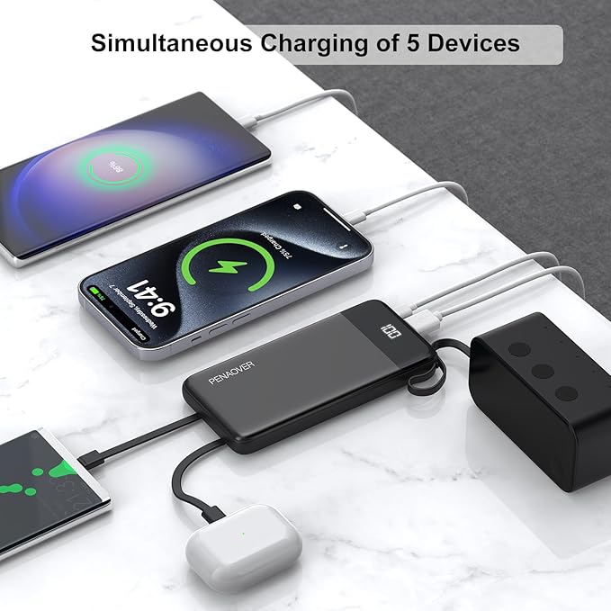 Portable Charger 10000mAh Power Bank with Built-in Cable, 5 Output 2 Input Travel Essential External Battery Pack with LED Display Compatible with iPhone 16/15 Samsung S22 Android,etc