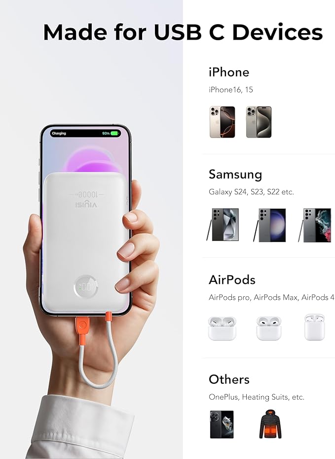 Slim Portable Charger 10000mAh, Travel Power Bank with Built-in USB-C Cable & LED Display, 22.5W Fast Charging Battery Pack Compatible with iPhone 16 15 Samsung S24 S23 -White