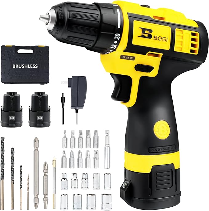 BOSI TOOLS Brushless Cordless Drill Set 16.8V Power Drill Driver Kit with 2 2000mAh Batteries and Charger 3/8-Inch Keyless Chuck 2 Speed 20+1 Position Torque Setting 27pcs Drill Screwdriver Bits