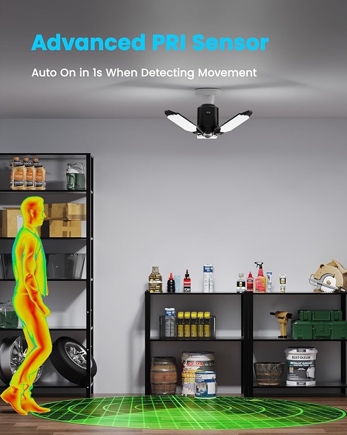 4-Pack Garage Lights with Motion Sensor, 8000LM Motion Sensor Light Indoor with 3 Deformable Design and Auto-Off, E26 Screw-in 6500K Motion Activated Bulbs for Ceiling/Basement