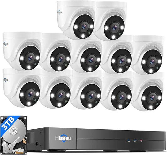Hiseeu 16 Channel 3K Wired Security Camera System with Smart Dual Light,Audio,Person/Vehicle Detection,121°Wide View,5MP 16CH DVR,12PCS 5MP IP67 Outdoor CCTV Cameras,3TB HDD for 24/7 Surveillance