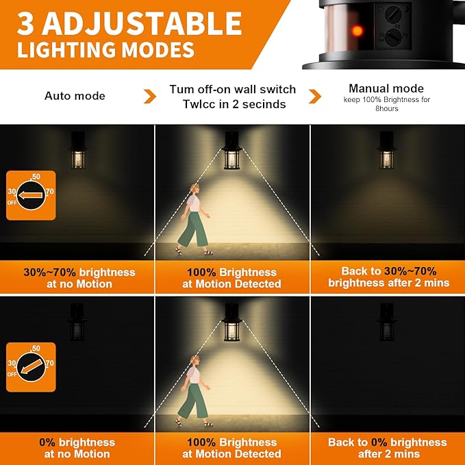 Motion Sensor Outdoor Lights 2 Pack, Dusk to Dawn Outdoor Lighting, Exterior Light Fixtures with 3 Working Modes, Wall Mounted IP65 Waterproof Lights for House Porch Patio, Black(Gold Trim)