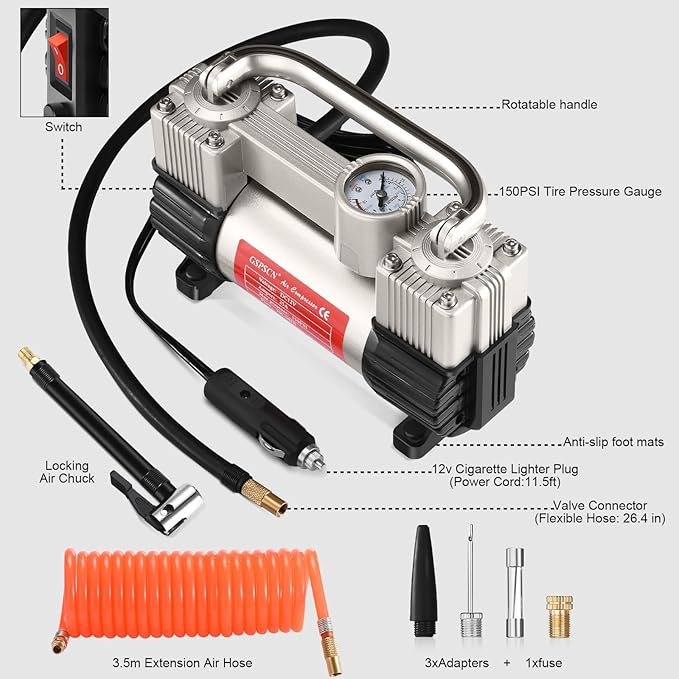 GSPSCN Silver Tire Inflator Heavy Duty Double Cylinders with Portable Bag- Car Accessories,Metal 12V Air Compressor Pump 150PSI with Adapter for Car, Truck, SUV Tires, Dinghy, Air Bed etc