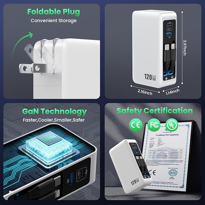 120W USB C Charger Block with 2 Built-in Retractable Cables,4-in-1 GaN IV Foldable Plug Wall Charger Fast Charging Station,PD 65W Laptop Adapter for MacBook/iPad,iPhone 16/15/14,Android (White)