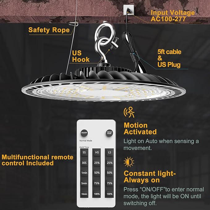 250W High Bay LED Shop Lights 37500lm UFO LED Lights AC100-277V UFO High Bay Light with Smart Control Supports Normal Mode & Motion Sensor Mode(Energy Saving)-4Pack