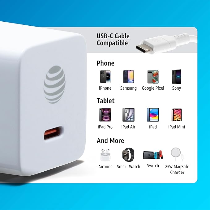 AT&T USB-C Fast Charging Wall Charger Cube Foldable Power Adapter Plug Brick Compatible w/iPhone 15/16/Plus/Pro/Pro Max, Galaxy S25/S24/Plus/Ultra 30W White