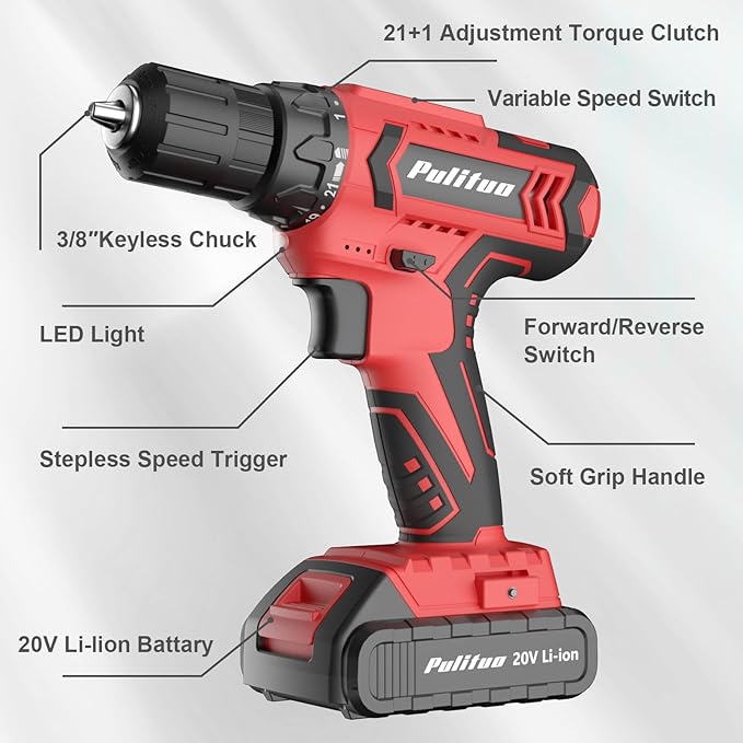 PULITUO Cordless Drill Set, 20V Electric Power Drill with Battery And Charger, 30N.m and 21+1 Torque, 2 Variable Speeds, with 59pcs Drill Driver Bits Kit, Screws Set,(Red)