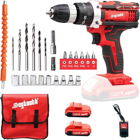 DOGTOOTH 21V MAX Cordless Drill, 2 * 2.0 Ah Batteries, Compatible with Makita 18V Battery, 2 Speed Functions Max 1350 RPM, Build-in LED, 23 Bits, Charger, Tool Bag - Red