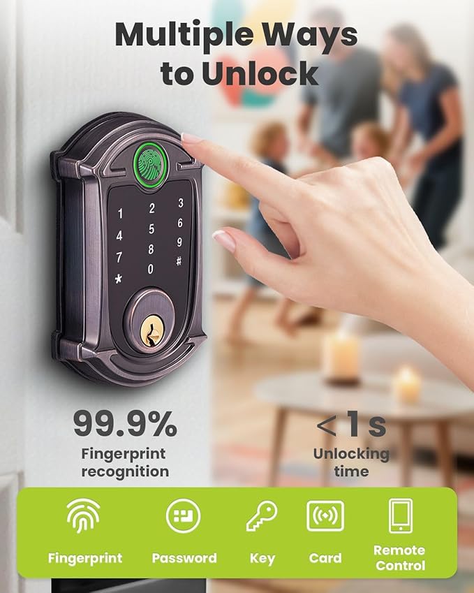 Keyless-Entry Deadbolt Smart Lock with Handle Set Waterproof IP56 Digital Exterior Locks for Front Door, WiFi Smartphone Control Fingerprint Door Lock with Keypad and Key Fob,Venetian Bronze
