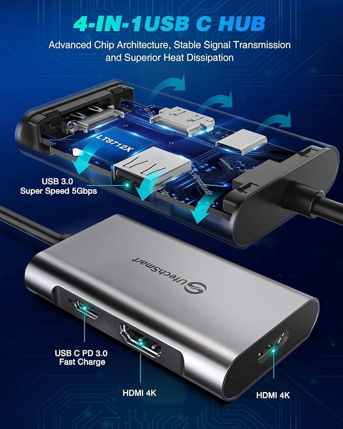USB C to Dual HDMI Adapter, UtechSmart USB C Hub to HDMI,4 in 1 USB C Hub Multiport Adapter with 2 HDMI Ports 4K,USB 3.0, Power Delivery Type C Port Compatible for MacBook,Nintendo Switch,USB C Device