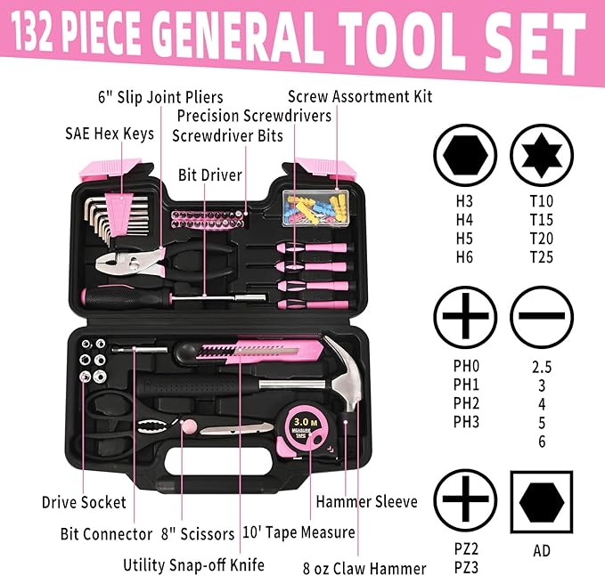 132 Piece Pink Household Tool Set General Household Hand Tool Kit with Plastic Toolbox Storage Case, All Purpose Small Tool Set Great for Home, Garage, Office and College Dormitory Use