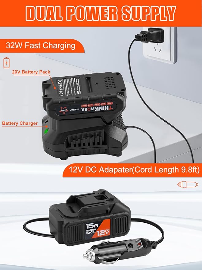 Tire Inflator Portable Air Compressor, Cordless Car Tire Pump with 20V Rechargeable Battery, 12V Car Power Adapter, Digital Pressure Gauge, 150 PSI Handheld Air Pump for Car, Motorcycle, and Bike