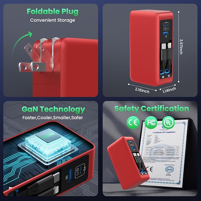 120W USB C Charger Block with 2 Built-in Retractable Cables,4-in-1 GaN IV Foldable Plug Wall Charger Fast Charging Station,PD 65W Laptop Adapter for MacBook/iPad,iPhone 16/15/14,Android (Red)