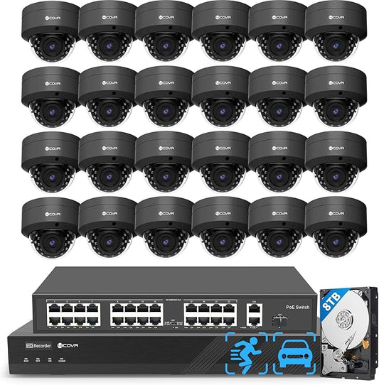 4COVR PoE 32 Channel Security Camera System AI Human Vehicle Detection, 24Pcs 5MP IK10 Vandal-Proof Dome IP Camera IP67 with Mic, 4K UHD NVR 8TB HDD, Commercial Surveillance Outdoor, LY54AB5M3224