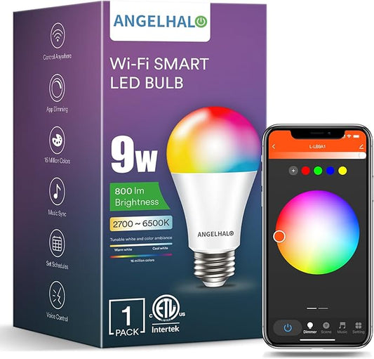 ANGELHALO Smart Light Bulbs, Color Changing A19 LED Light Bulb, Work with Alexa and Google Assistant, Wi-Fi & Bluetooth Light Bulbs, 16 Million Colors RGBCW, Music Sync, 800 Lumens, 2.4Ghz only,1 Pack