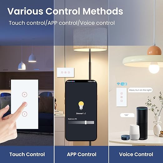 Smart Dimmer Switch Need Neutral Wire No Hub Required,2.4GHz Wi-Fi Light Switch APP Control Work with Tuya and Smart Life,FCC Certified,Smart Home 110/220VAC,White Dimmer