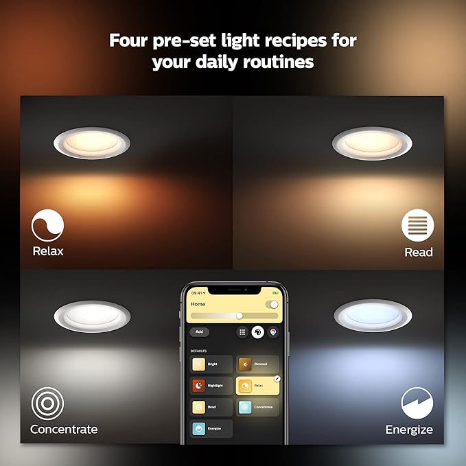 Philips Hue Smart 4 Inch LED Downlights, Warm-to-Cool White Recessed Lighting, 6 Pack, 850LM, Control with Hue App, Compatible with Alexa, Google Assistant, and HomeKit