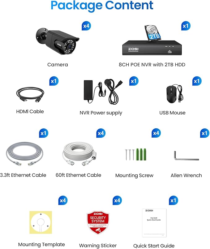 ZOSI 4K 8CH PoE Security Camera System (16CH Expandable), H.265+ 8CH NVR with 2TB HDD for 24/7 Record, 4 x 8MP PoE IP Cameras Outdoor Indoor, Human Detection, One-Way Audio, 100ft IR Night Vision