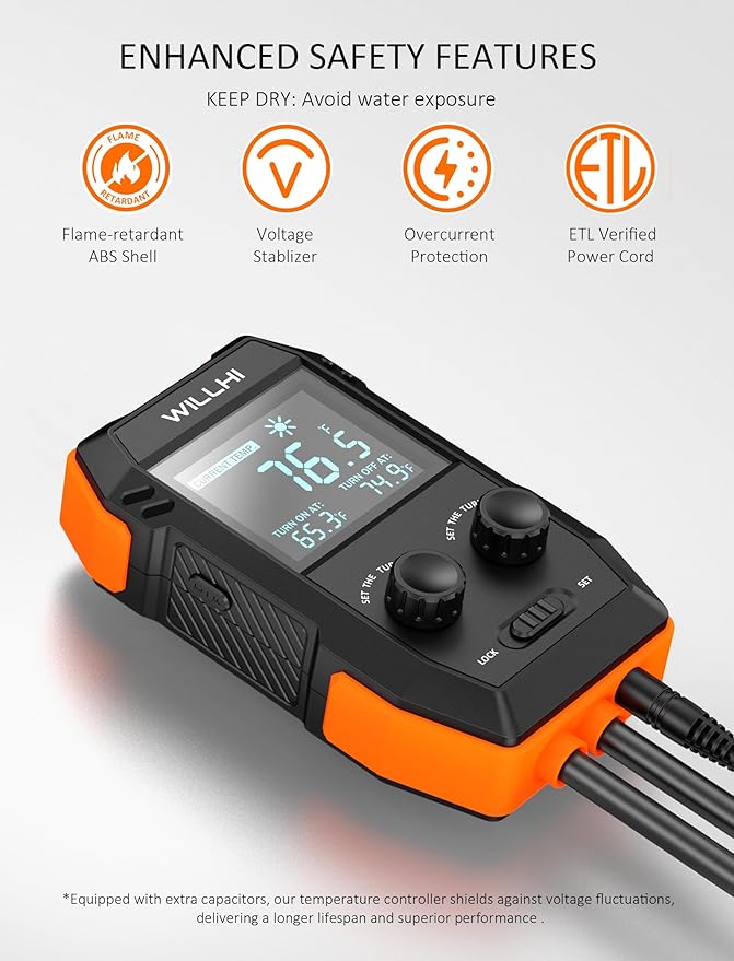 WH2408 Temperature Controller 10A 1200W, Digital Thermostat Controlled Outlet Plug Switch for Reptile Terrarium Greenhouse Homebrew Aquarium Seedling Mat, Heating or Cooling Mode Thermometer