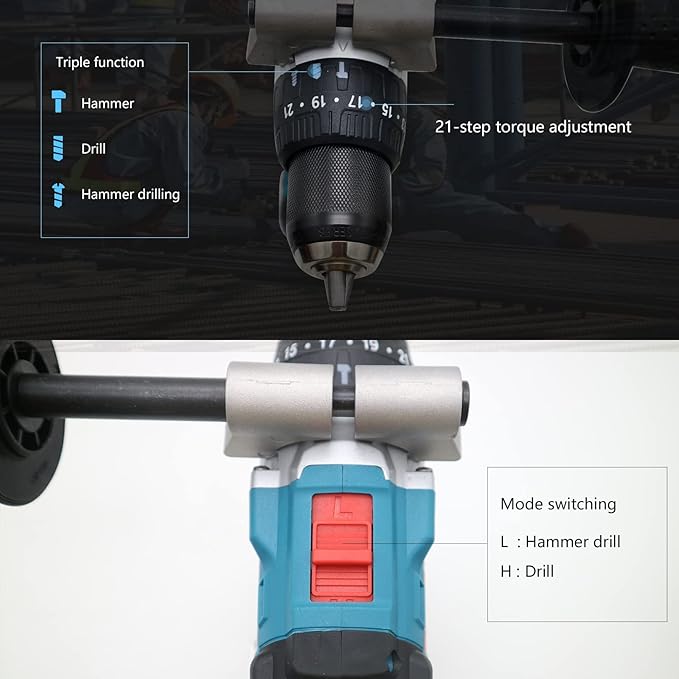 Vikky 20V cordless hammer/drill/drive offers 3 speed variations, powered by brushless motor and drill bit held in place by a heavy duty 1/2" ratchet chuck