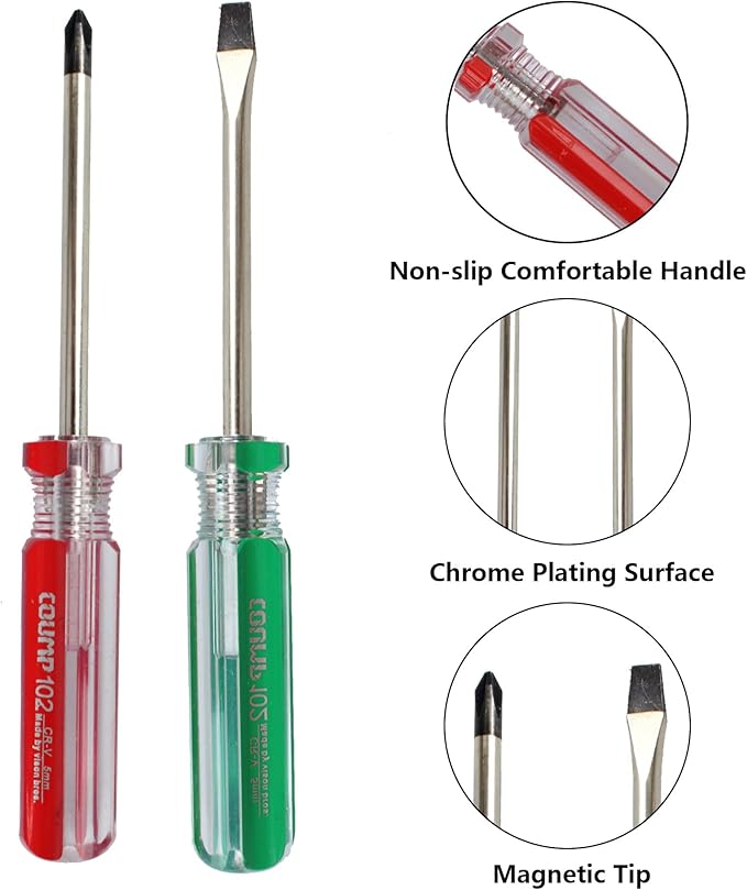 4PCS Magnetic Screwdriver Set, 5mm Magnetic Phillips & Slotted Bits Screwdriver Set, with 4 Inch Steel Shaft and Comfortable Handle for DIY Repairing, Red/Green