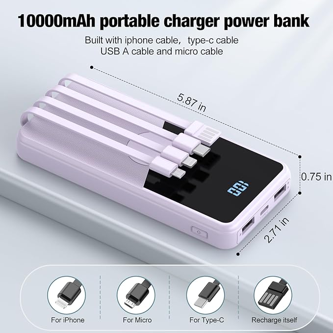 Portable Charger with Built in Cables,High Speed Power Bank 10000mAh Travel Battery Pack 5 Outputs 3 Inputs Portable Phone Charger Backup Battery for iPhone, Samsung, iPad,Tablets (Purple)
