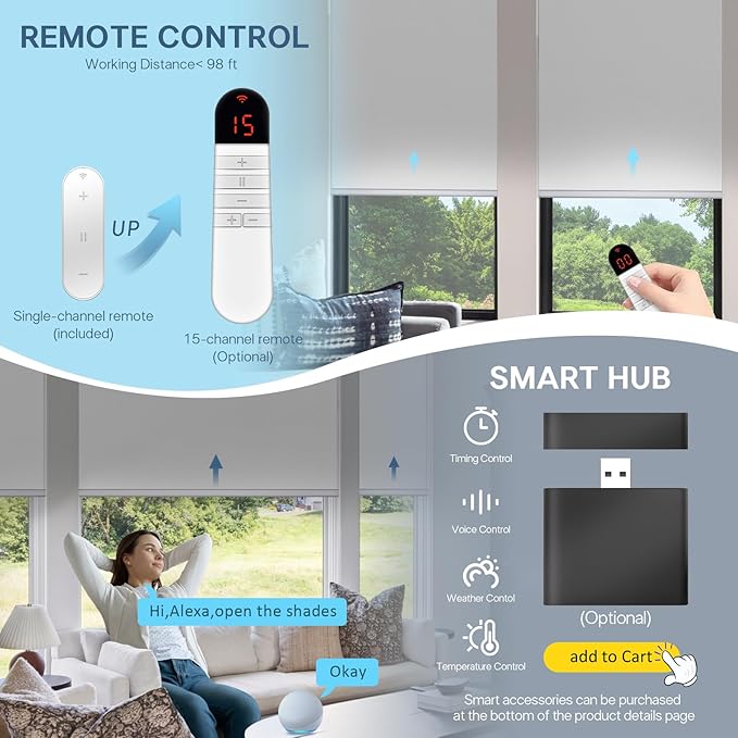 Motorized Blinds with Remote Control【Solar Panel Included】 100% Blackout Smart Roller Blinds Automatic Blinds for Windows Cordless Electric Shades Compatible with Alexa White