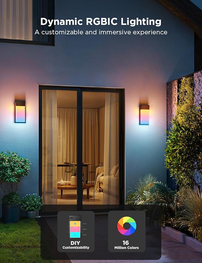 Govee Outdoor Wall Light, 1500LM Smart RGBIC Porch Lights Outdoor with 45 Scene Modes, IP65 Waterproof for Outdoor Decor, DIY Lighting Effects, Works with Alexa, Google Assistant and Matter, 1 Pack