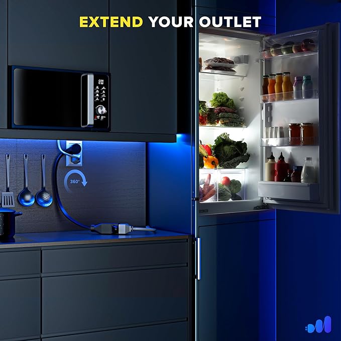 Maximm 360 Rotating Flat Plug Extension - 6ft Flat Cord for Under Carpet, Slim Space-Saving Plug Design (Black)