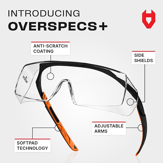 NoCry Safety Glasses That Fit Over Your Prescription Eyewear. Clear Anti-Scratch Wraparound Lenses, UV400 Protection, ANSI Z87 & OSHA Certified. Use in the Lab, Travelling, Black & Orange (10-pack)