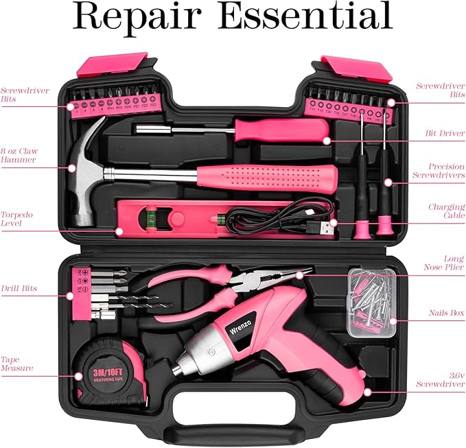 Drill Set, Cordless Drill, Small Tool Kit, 112pc 3.6V USB Tool Set, Tool Kit for Dorm, Cordless & Rechargeable, Pink Home Toolbox for Women, DIY Toolbox