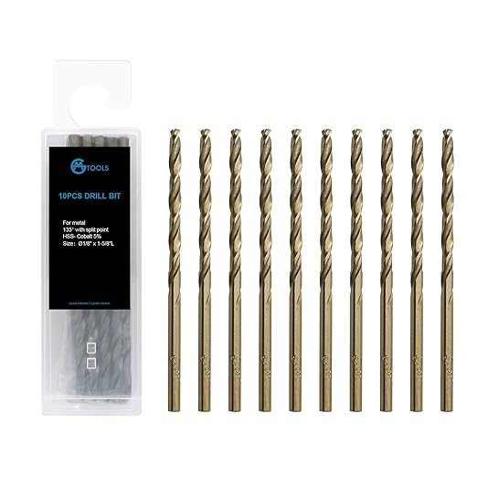 1/8 inch Cobalt Drill Bits, M35 HSS, 135 Degree Tip, Jobber Length Twist Drill Bit Set for Hard Metal, Stainless Steel, Cast Iron, Wood and Plastic, with Storage Case, Pack of 10