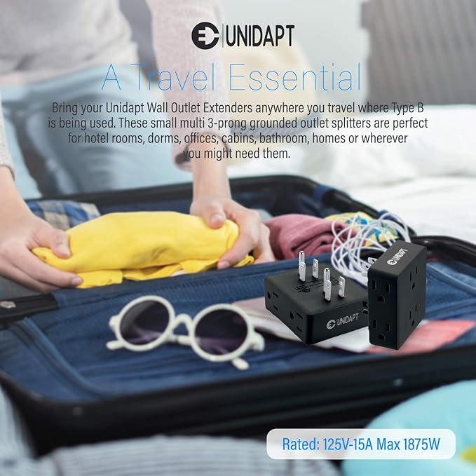 Multi Plug Outlet Splitter, Unidapt Multiple Outlets Extender Adapter with 6 AC Sockets, Side Splitter Box, Wall Power Plug Expander for Home Hotel Office Dorm Essentials, 2-Pack (Black)