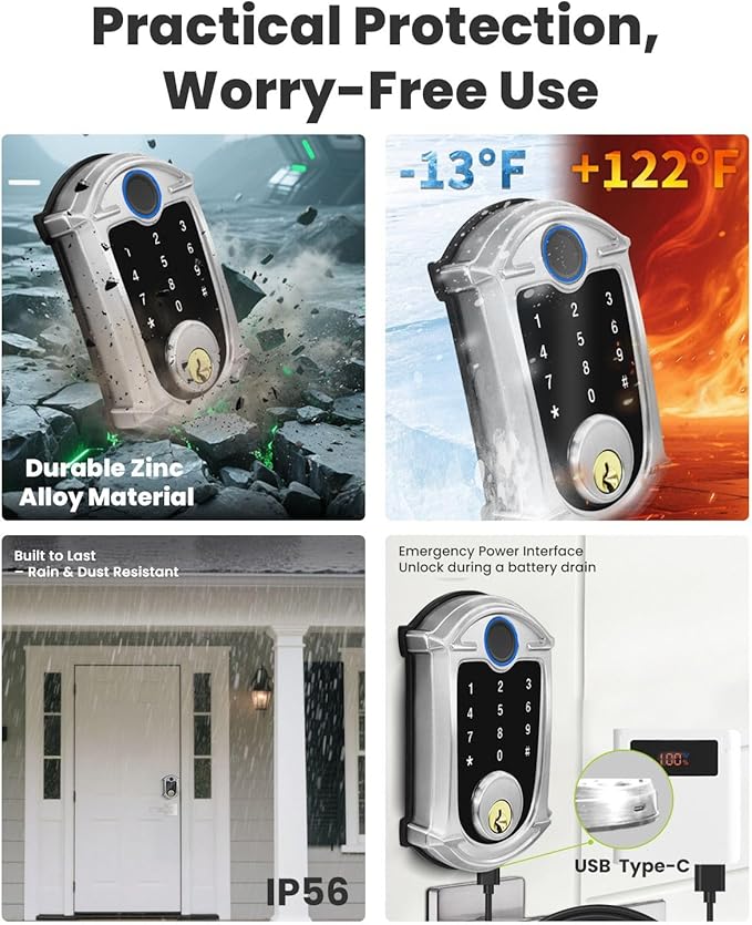 Keyless-Entry Deadbolt Smart Lock with Lever Handle Set: Digital Exterior Waterproof IP56 Locks for Front Door, Smartphone Control Fingerprint Door Lock with Keypad Key Fob(Satin Nickel)