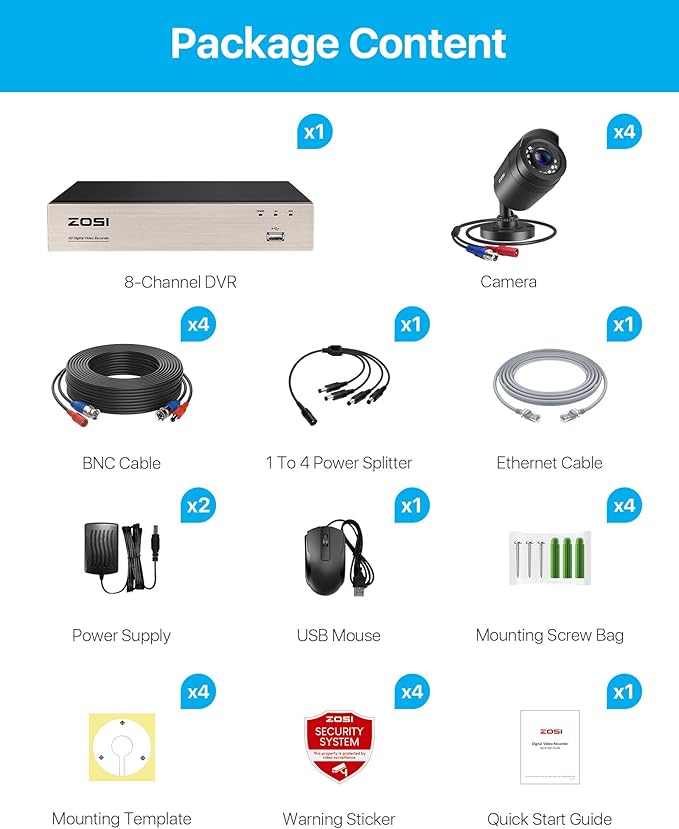 ZOSI H.265+ Home Security Camera System Outdoor Indoor, 8 Channel 5MP-Lite CCTV DVR Recorder and 4pcs Weatherproof Surveillance Bullet Camera,Night Vision,Remote Access,Motion Alerts (No HDD)