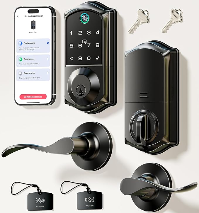 Veise VE017-L Fingerprint Smart Lock with 2 Lever Handles, Keyless Entry Front Door Lock Set, App Control, Electronic Digital Keypad Deadbolt, Easy Installation, Emergency Power Port, Matte Black