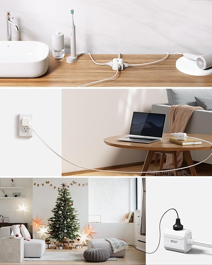 Extension Cord 6ft SUPERDANNY Mini Power Strip Ultra Right Angled Flat Plug for Tight Spaces,Indoor Extension with 3 Outlets,for Office Home Appliances,Non Surge Protector for Travel Cruise,White