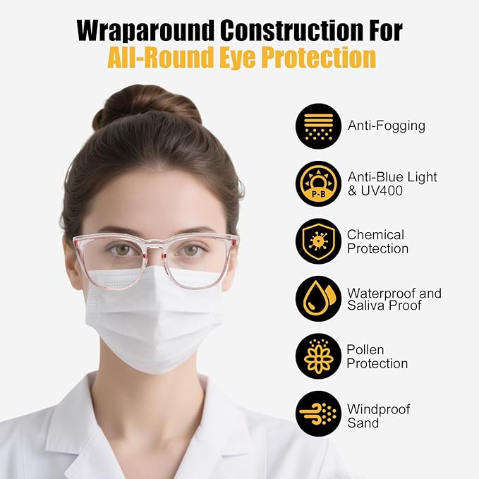 Safety Glasses Anti Fog Goggles For Women, Nurses Protective Eyewear Blue Light & UV Blocking Eye Protection Glasses