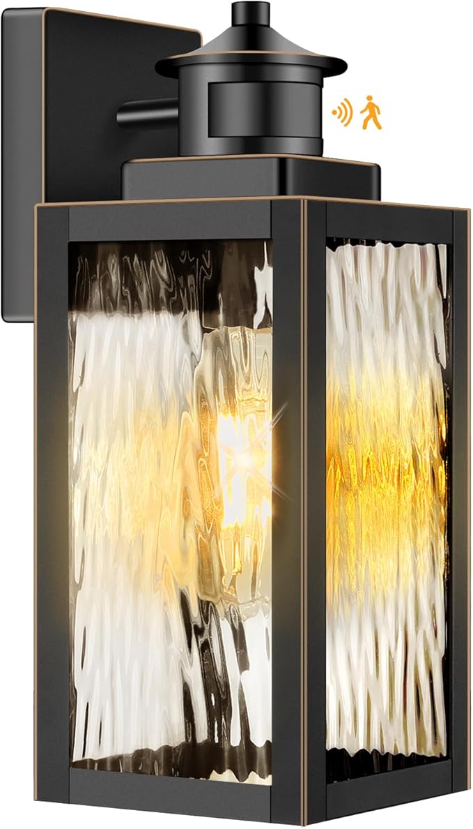 13.6" Motion Sensor Outdoor Wall Sconce Lantern, Exterior Waterproof Wall Lights Fixture with Water-Rippled Glass, Bronze Outside Mount Lighting for House, Porch, Garage, Patio, Bulbs Not Included