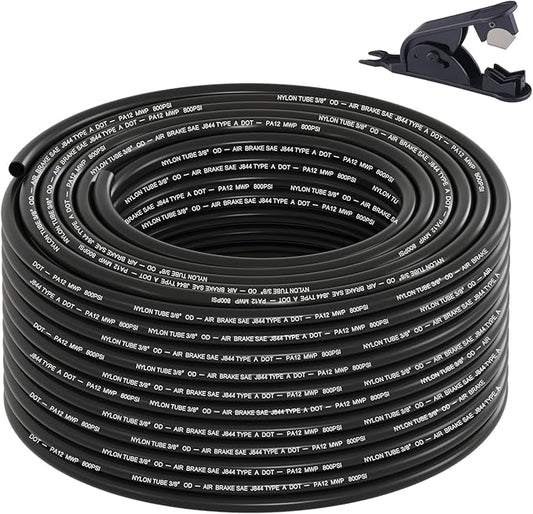 100FT 3/8 DOT Air Line SAE J844 PA12 Nylon Air Hose with Cutter 3/8” OD Pneumatic Tubing DOT Approved 3/8 Air Brake Hose for Air Suspension Kit Truck Trailer Brake System & Fluid Transfer 30.5m